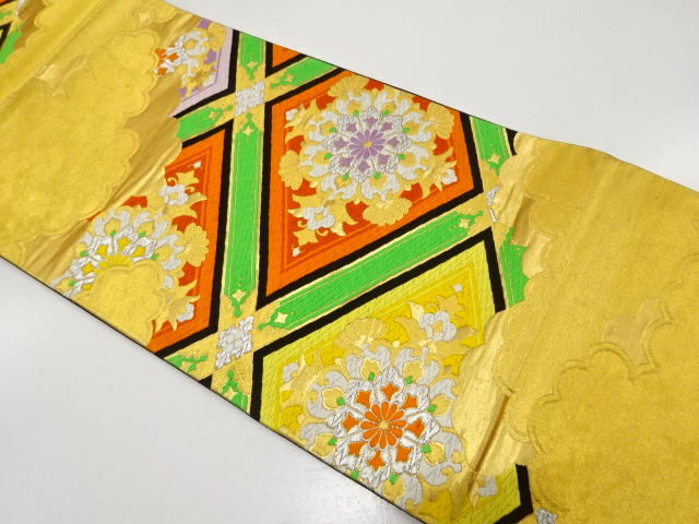 JAPANESE KIMONO / ANTIQUE FUKURO OBI / SILK / WOVEN CLOUDS & DIAGONAL GRID & FLORAL CREST